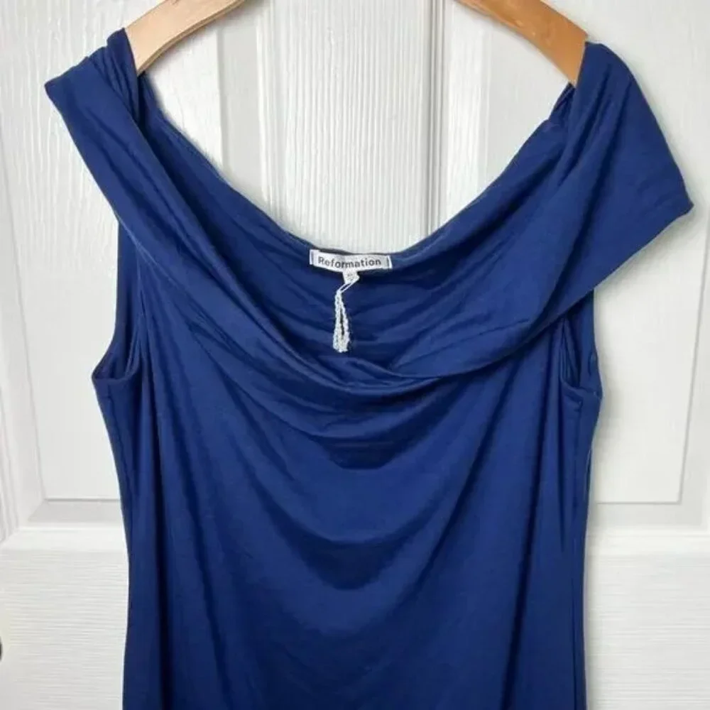 Reformation Blue Off The Shoulder Stretch Jamen Knit Midi Dress M Danube - Picture 3 of 7